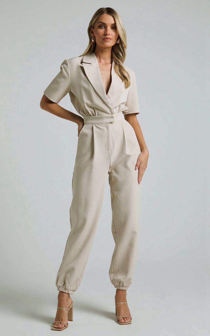 Showpo Coco Jumpsuit - Collared Short Sleeve Straight Leg Jumpsuit Stone | MYLXBT382