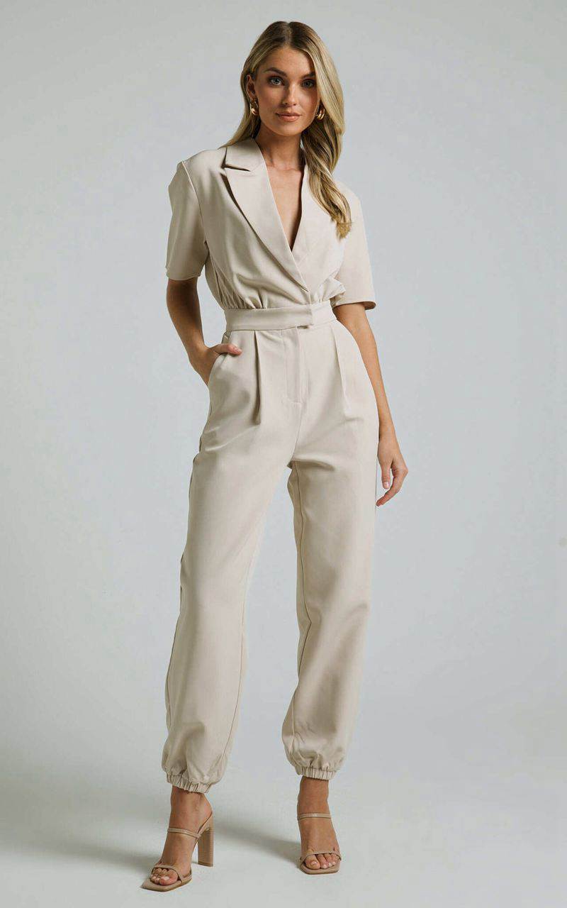 Showpo Coco Jumpsuit - Collared Short Sleeve Straight Leg Jumpsuit Stone | MYLXBT382