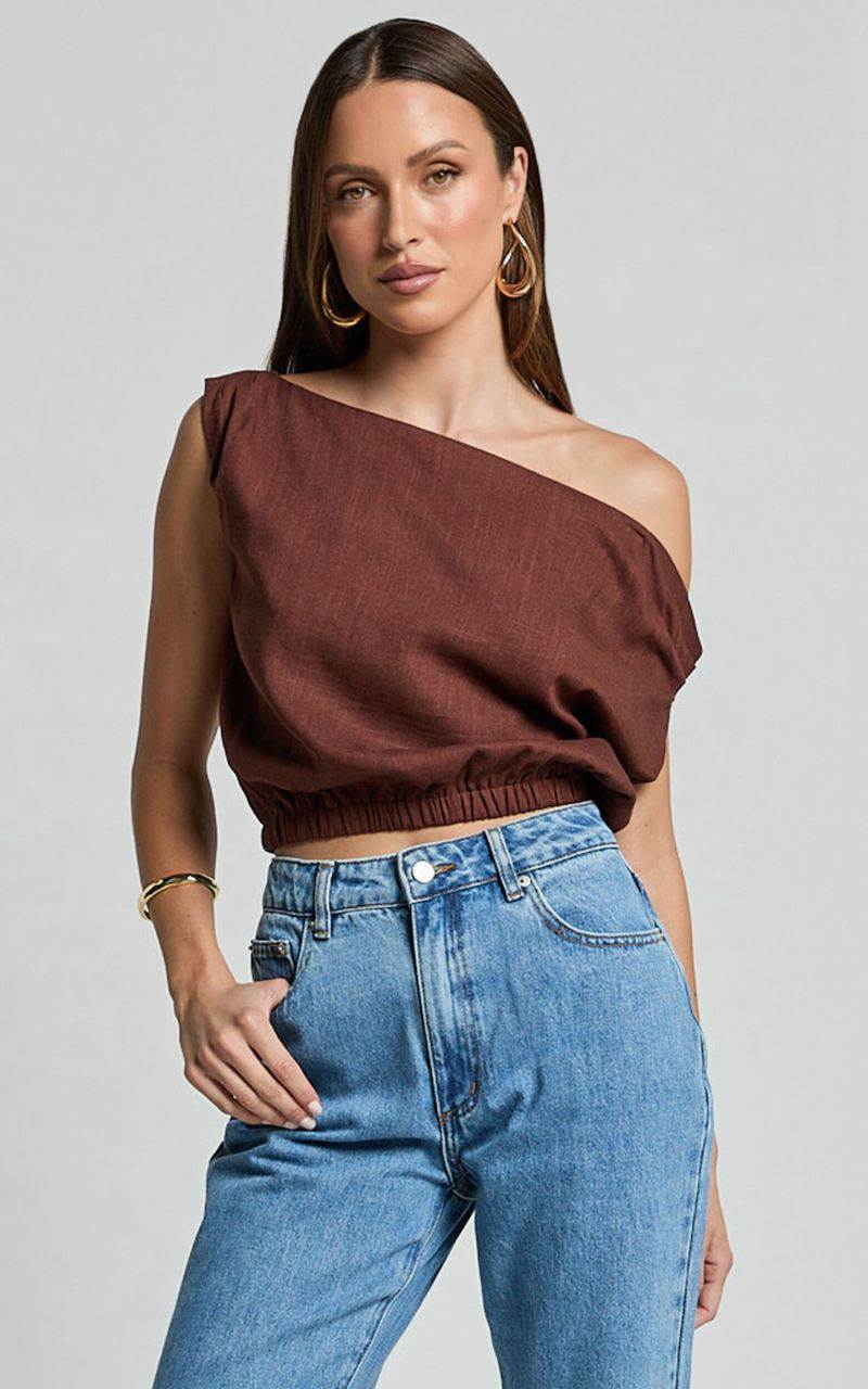 Showpo Collins Top - Draped Asymmetrical Neckline Top Chocolate | QTIUOM167