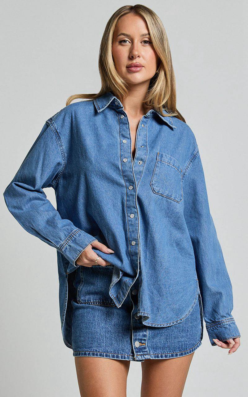 Showpo Collins Top - Long Sleeve Button Through Denim Shirt Mid Blue Wash | DFKIBT083