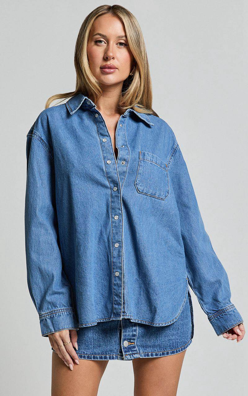 Showpo Collins Top - Long Sleeve Button Through Denim Shirt Mid Blue Wash | DFKIBT083