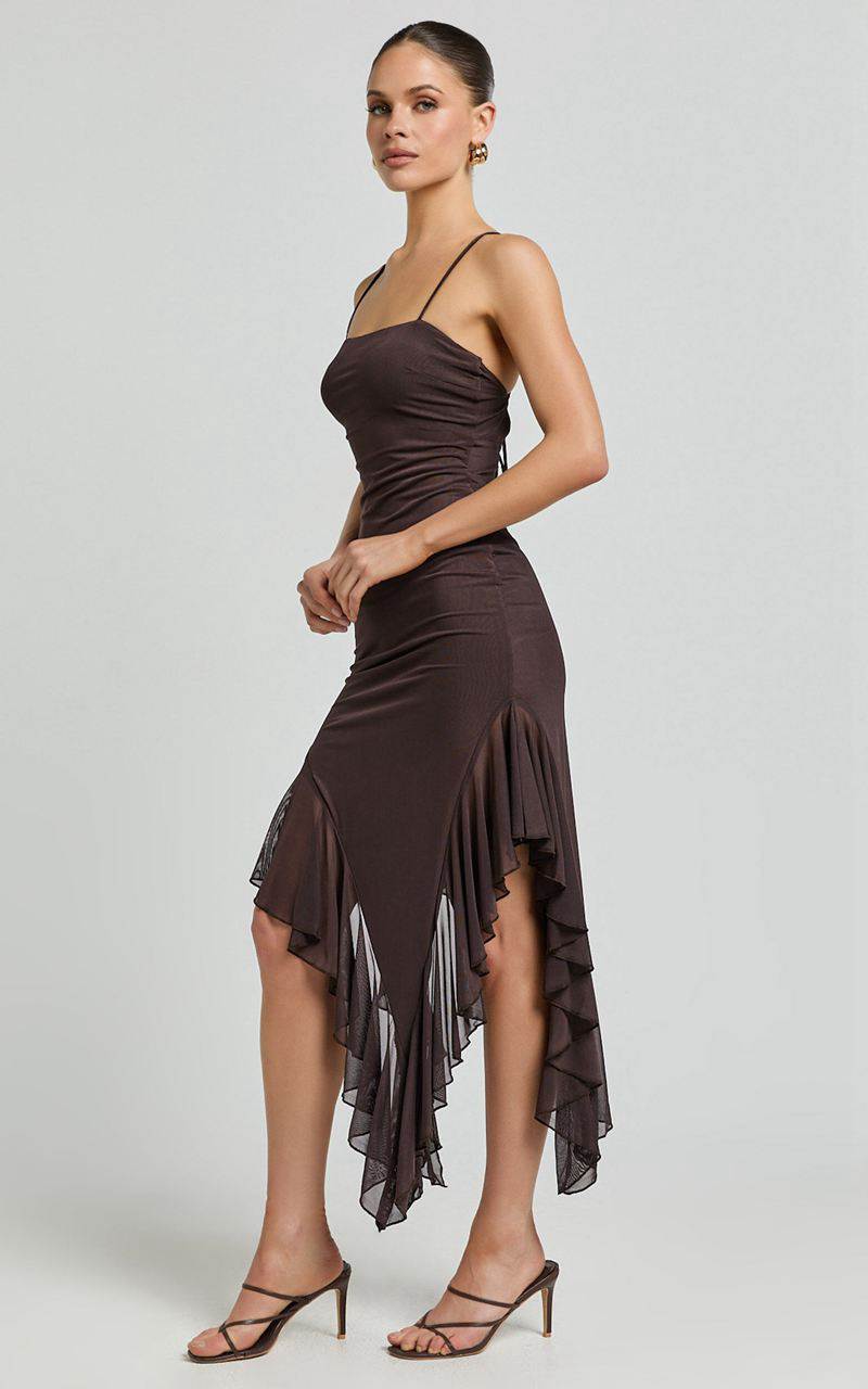 Showpo Constantina Midi Dress - Asymmetric Ruffle Tie Back Dress Dark Chocolate | HFTSRC861