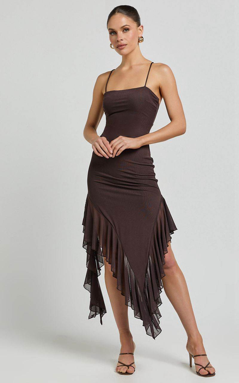 Showpo Constantina Midi Dress - Asymmetric Ruffle Tie Back Dress Dark Chocolate | HFTSRC861