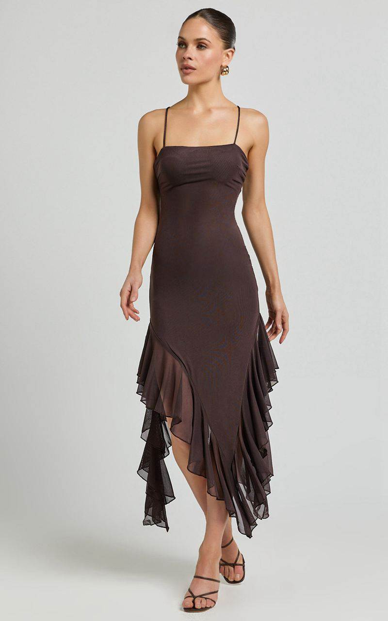 Showpo Constantina Midi Dress - Asymmetric Ruffle Tie Back Dress Dark Chocolate | HFTSRC861