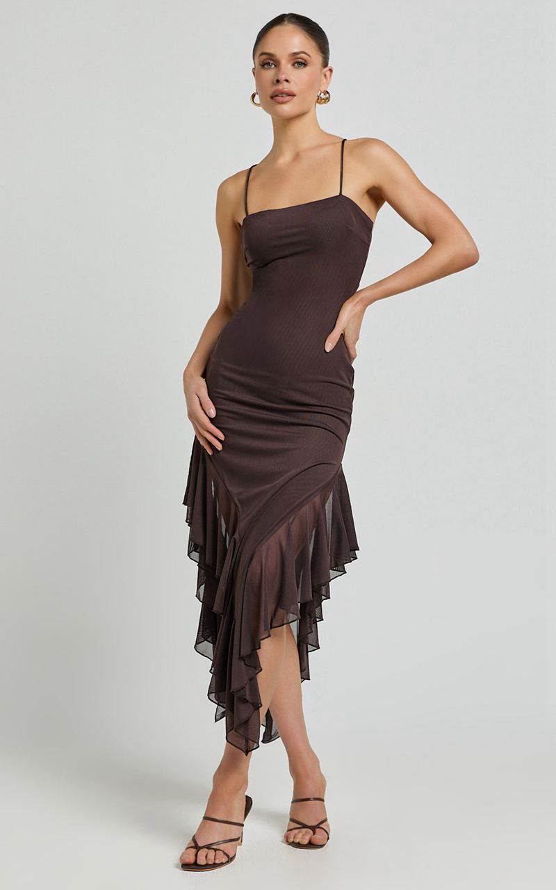 Showpo Constantina Midi Dress - Asymmetric Ruffle Tie Back Dress Dark Chocolate | HFTSRC861