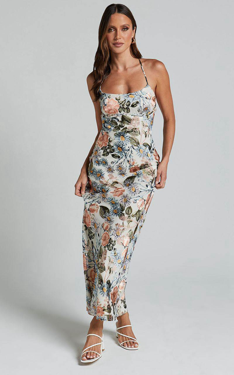 Showpo Constanzie Maxi Dress - Open Tie Back Dress Peach Floral | MWGETY403