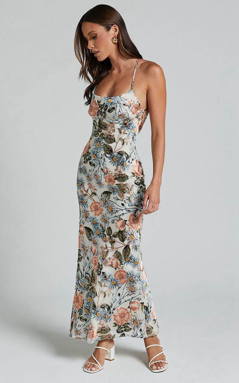 Showpo Constanzie Maxi Dress - Open Tie Back Dress Peach Floral | MWGETY403