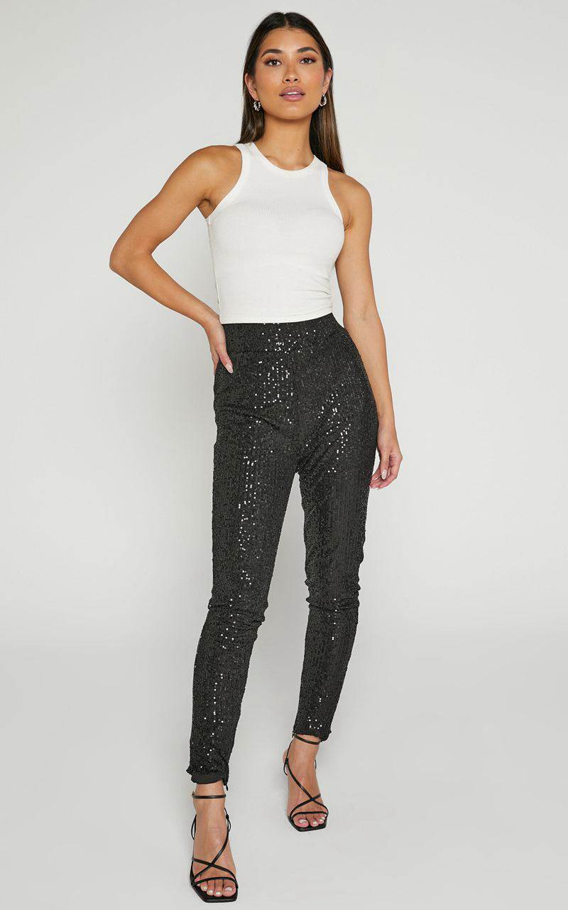 Showpo Corey Pants - Sequin Leggings Black | NJYSVK167