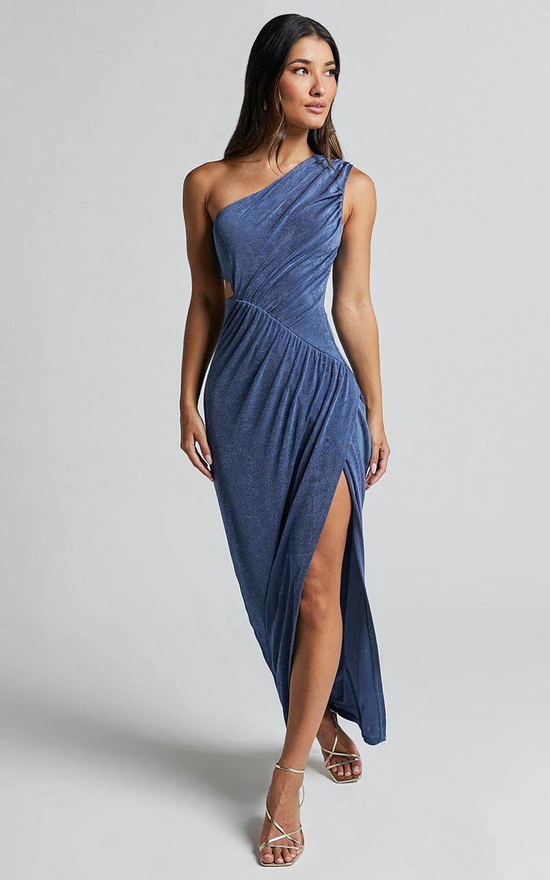 Showpo Cristle Midi Dress - One Shoulder Side Cut Out Thigh Split Dress Steel Blue | XRSKYM860