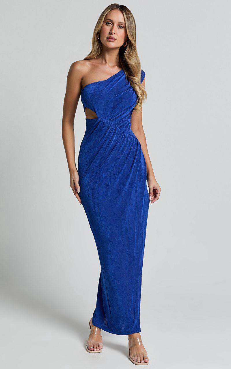 Showpo Cristle Midi Dress - One Shoulder Side Cut Out Thigh Split Dress Cobalt | EDPJBG459