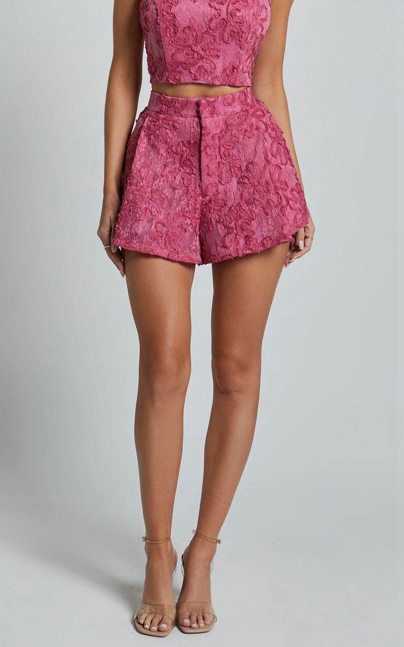 Showpo Cybill Shorts - Floral Detail Full Hem Shorts Pink | IEXACK318