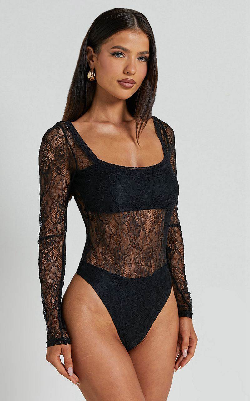 Showpo Cynthia Bodysuit - Long Sleeve Lace Bodysuit Black | HFTPWR941