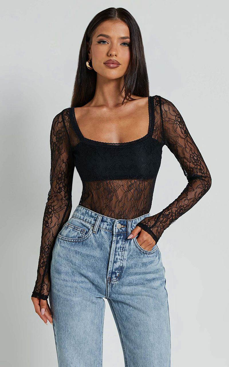 Showpo Cynthia Bodysuit - Long Sleeve Lace Bodysuit Black | HFTPWR941