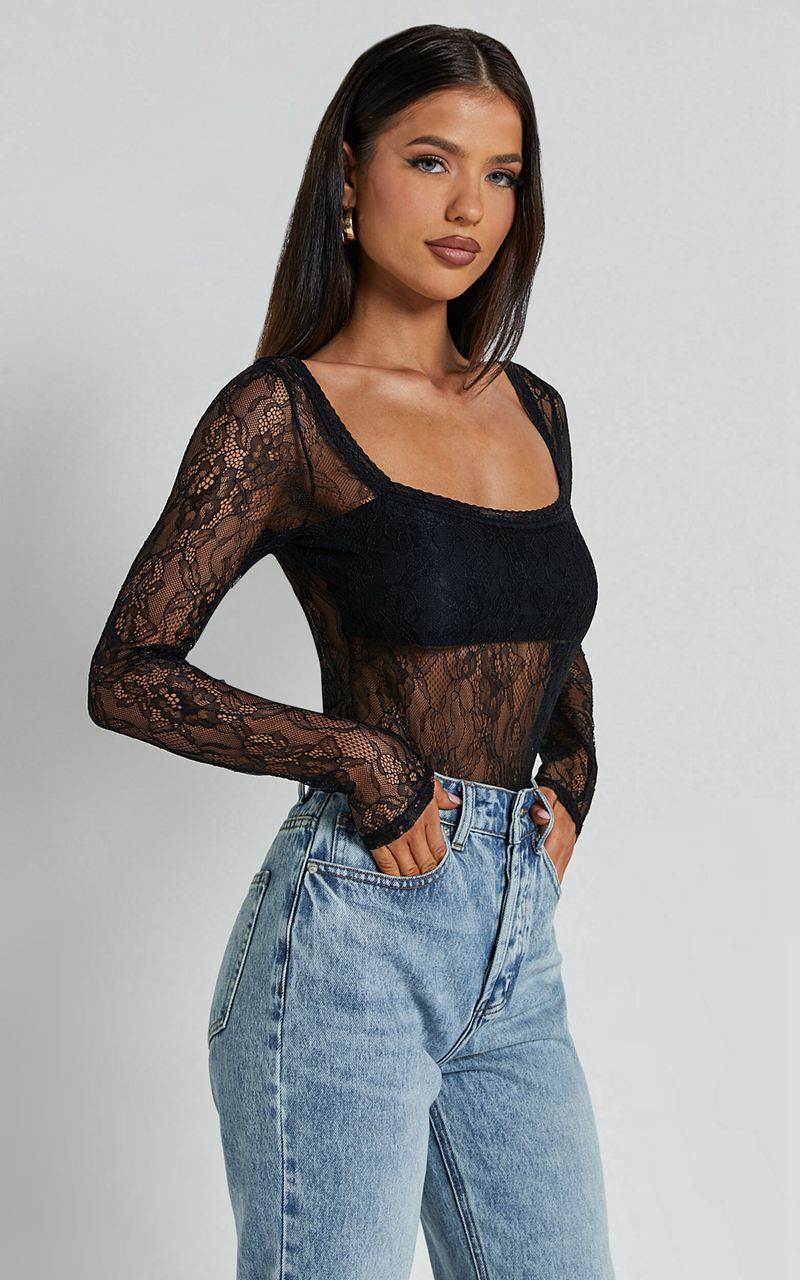 Showpo Cynthia Bodysuit - Long Sleeve Lace Bodysuit Black | HFTPWR941