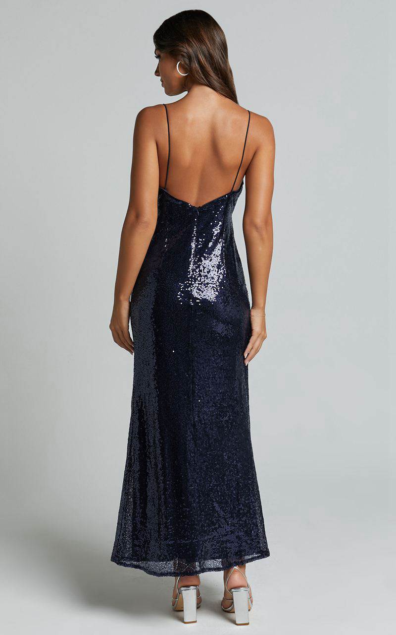 Showpo Cynthie Midi Dress - Strappy Cowl Neck Sequin Slip Dress Navy | GMYVOE879