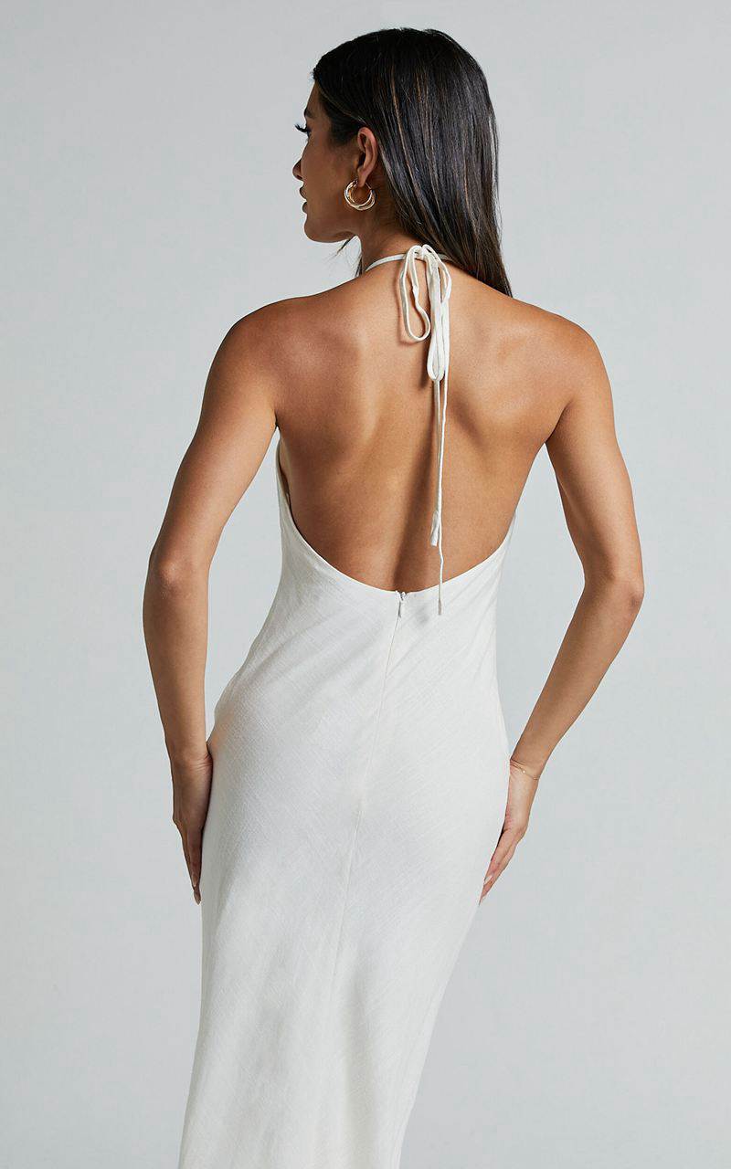 Showpo Cyrena Maxi Dress - Linen Look Halter Neck Sleeveless Slip Dress Off White | XCKGLH452