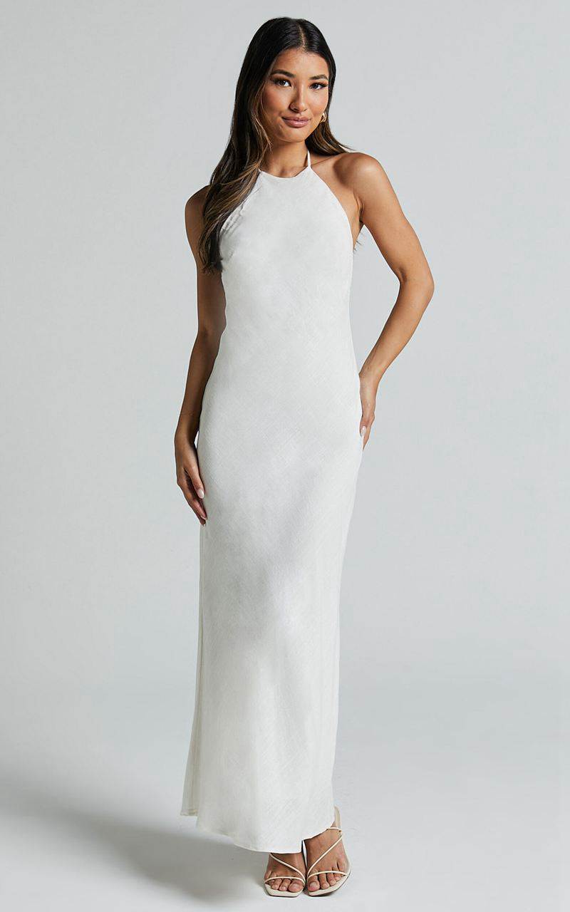 Showpo Cyrena Maxi Dress - Linen Look Halter Neck Sleeveless Slip Dress Off White | XCKGLH452