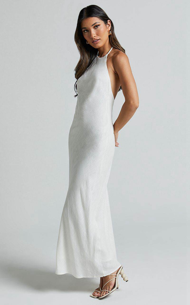 Showpo Cyrena Maxi Dress - Linen Look Halter Neck Sleeveless Slip Dress Off White | XCKGLH452