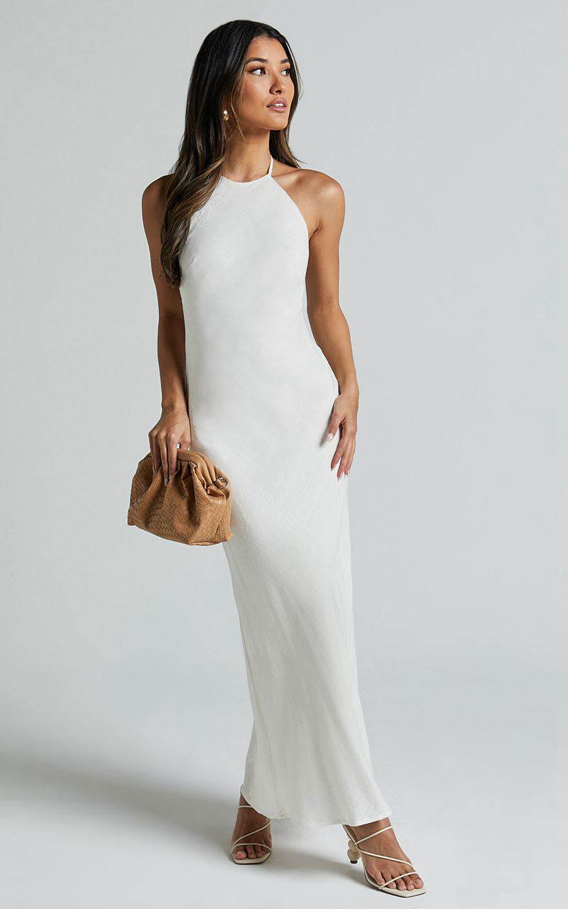 Showpo Cyrena Maxi Dress - Linen Look Halter Neck Sleeveless Slip Dress Off White | XCKGLH452