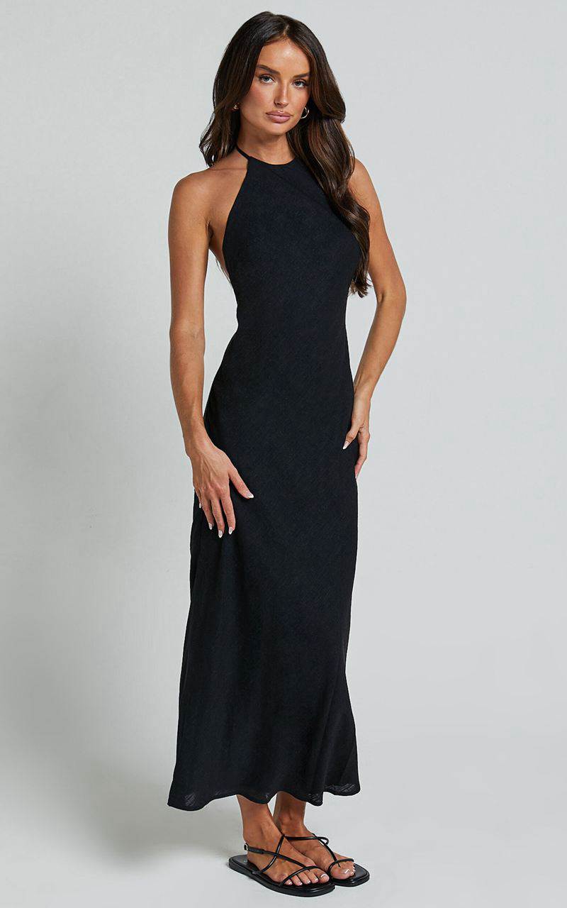 Showpo Cyrena Maxi Dress - Linen Look Halter Neck Sleeveless Slip Dress Black | MKRPXA710