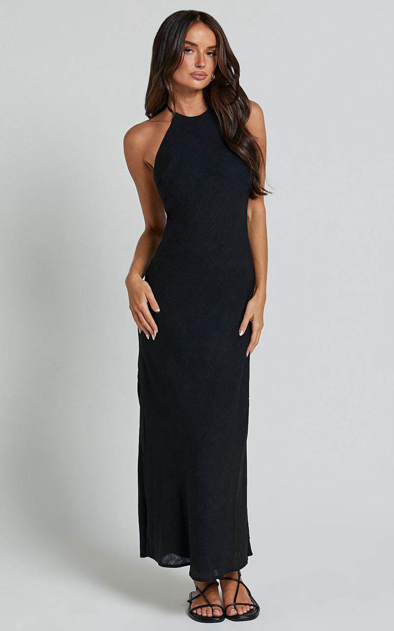 Showpo Cyrena Maxi Dress - Linen Look Halter Neck Sleeveless Slip Dress Black | MKRPXA710