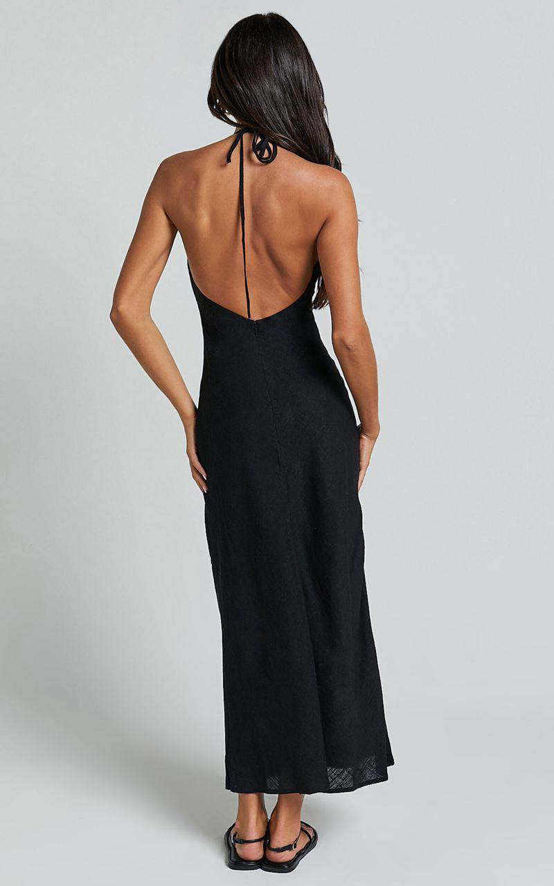 Showpo Cyrena Maxi Dress - Linen Look Halter Neck Sleeveless Slip Dress Black | MKRPXA710