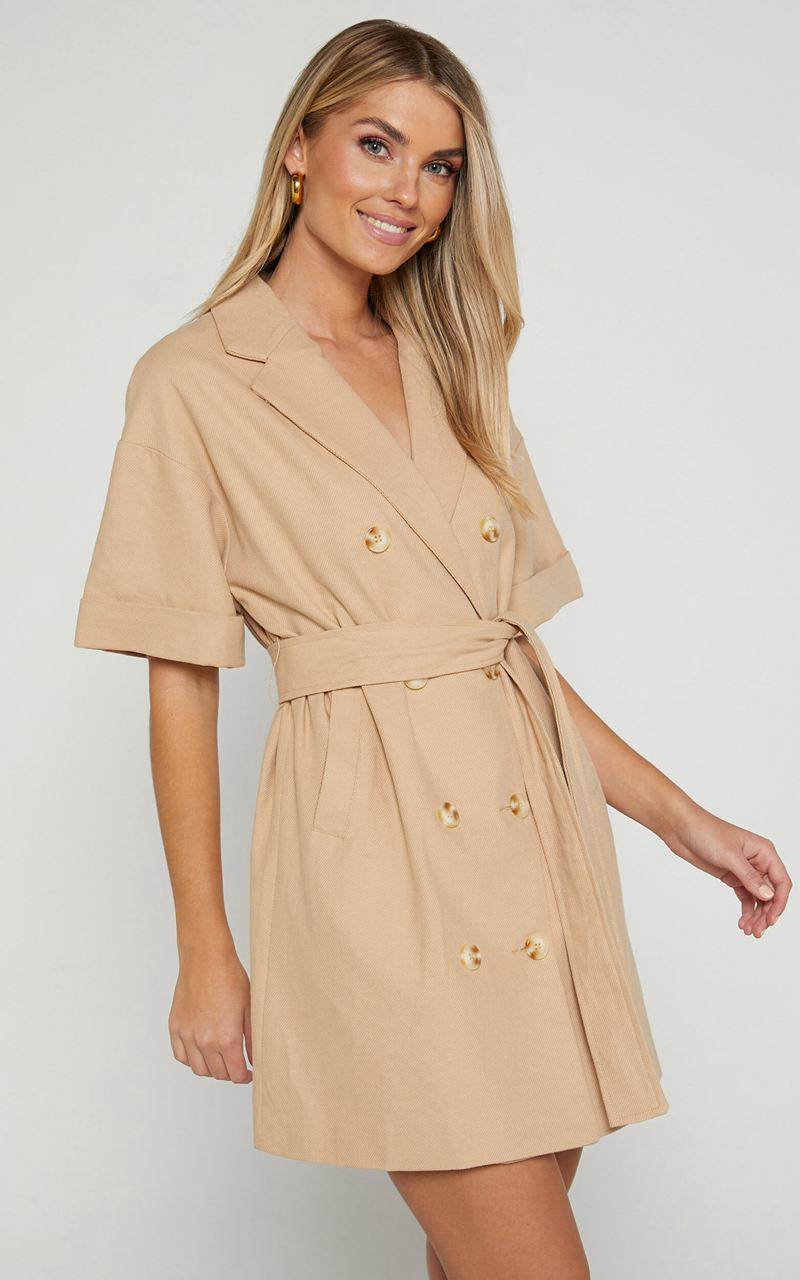 Showpo Cyrus Mini Dress - Waist Wrap Short Sleeve Blazer Mini Dress Stone | DLVONZ564