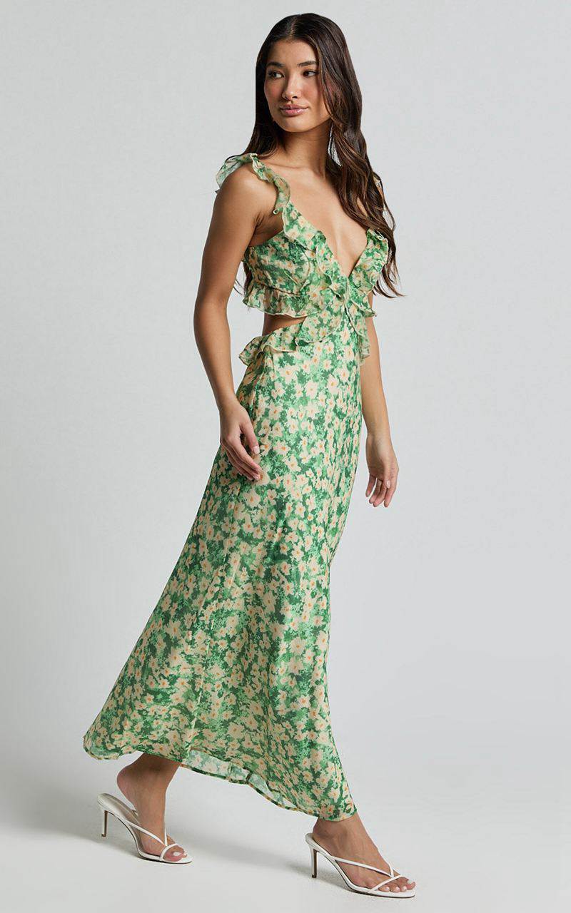 Showpo Dahlia Midi Dress - Ruffle Details Slip Dress Green Floral | SDRUMA217