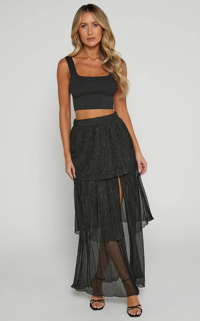 Showpo Daisy Maxi Skirt - High Waisted Thigh Split Skirt Black | XAJCER657