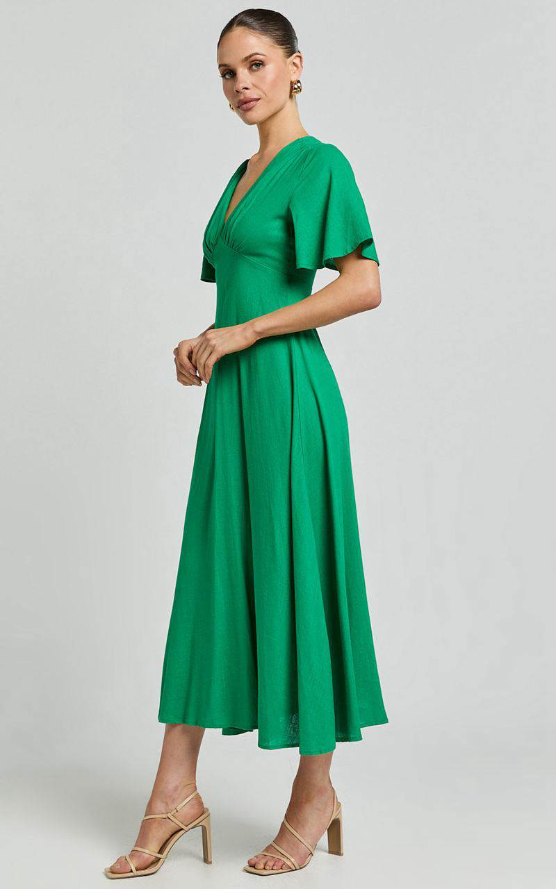 Showpo Dakota Midi Dress - Linen Look Flutter Sleeve A Line Dress Green | EFDQST489