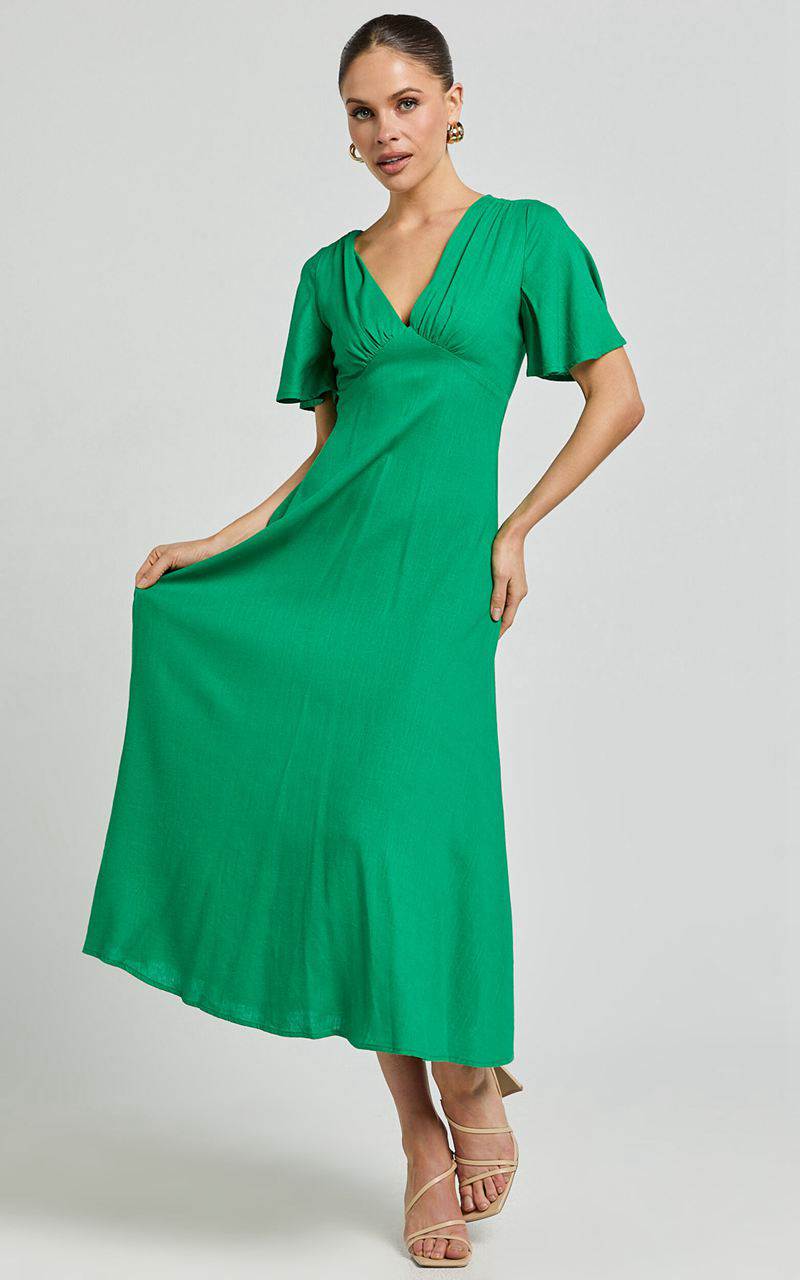 Showpo Dakota Midi Dress - Linen Look Flutter Sleeve A Line Dress Green | EFDQST489