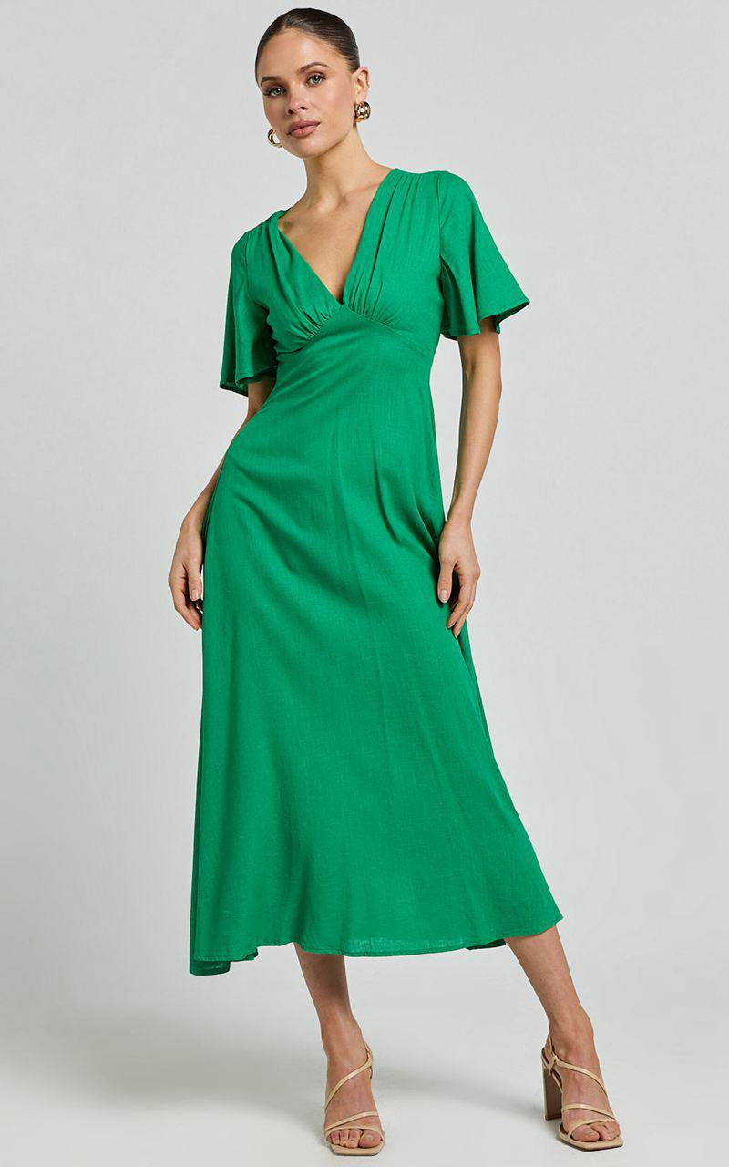 Showpo Dakota Midi Dress - Linen Look Flutter Sleeve A Line Dress Green | EFDQST489