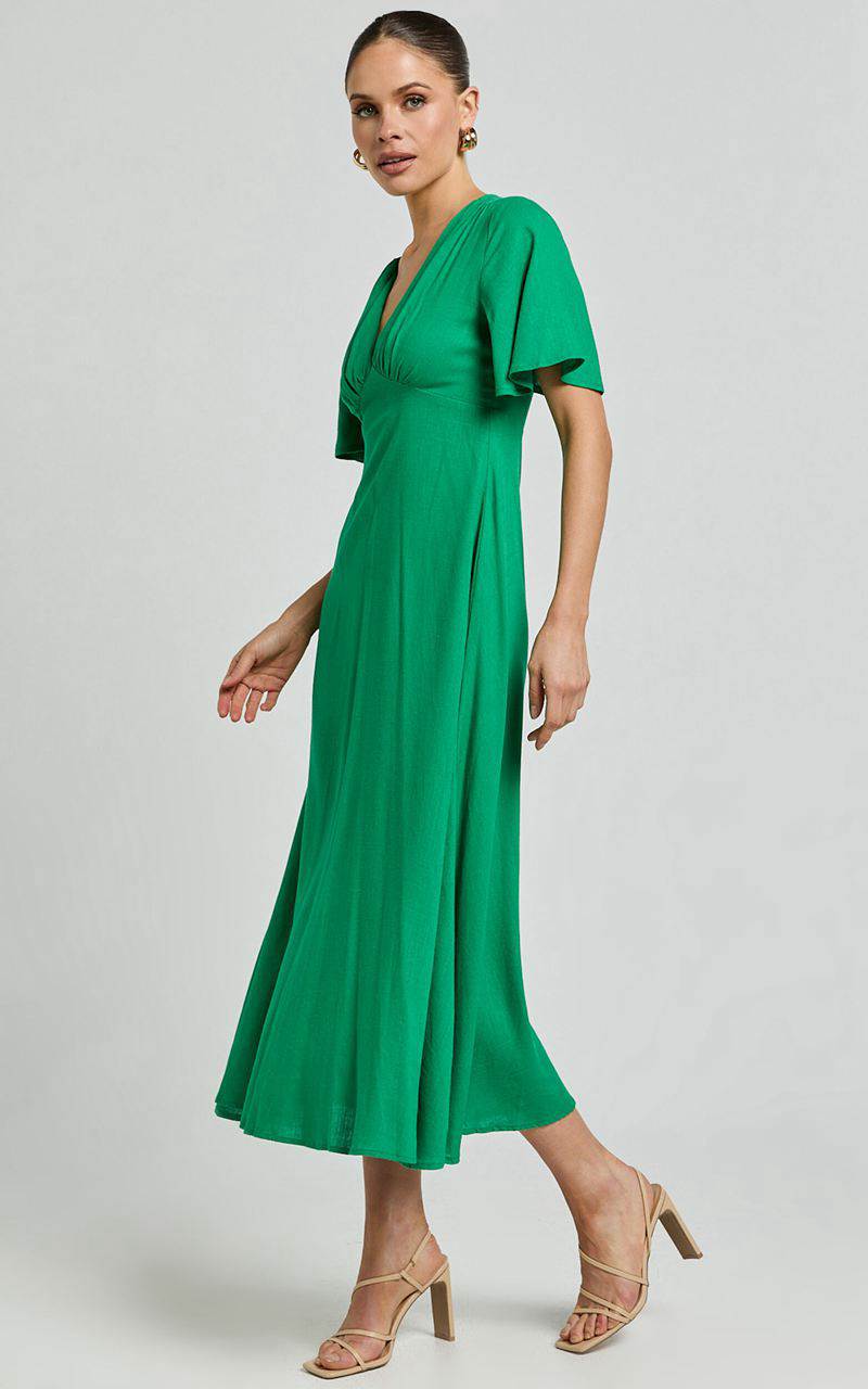 Showpo Dakota Midi Dress - Linen Look Flutter Sleeve A Line Dress Green | EFDQST489