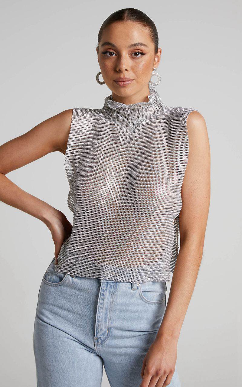 Showpo Dalena Top - Sleeveless High Neck Mesh Chainmail Top Silver | FVRCWZ897