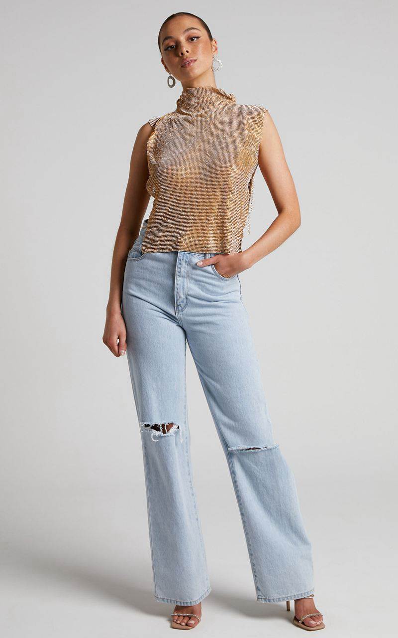 Showpo Dalena Top - Sleeveless High Neck Mesh Chainmail Top Gold | YMTDNZ218