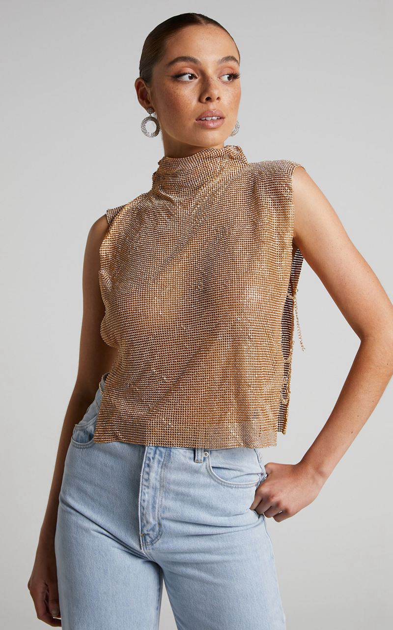 Showpo Dalena Top - Sleeveless High Neck Mesh Chainmail Top Gold | YMTDNZ218