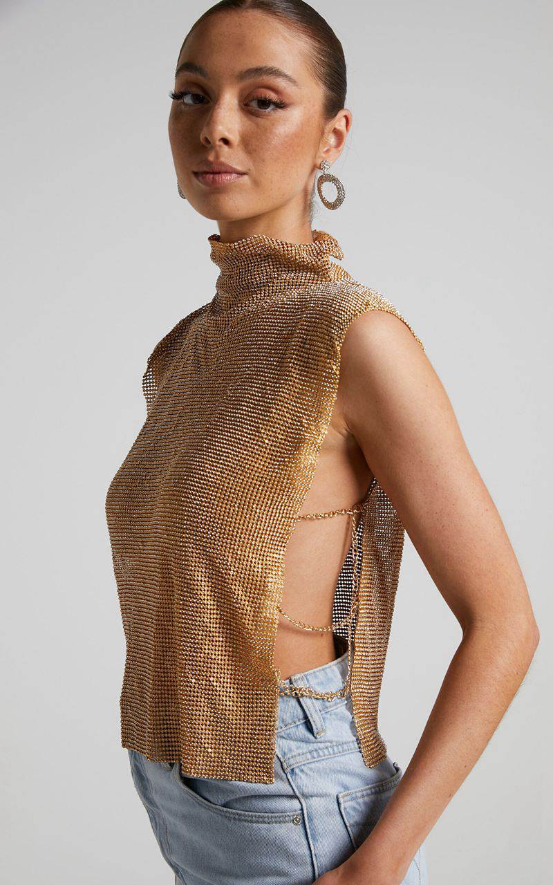 Showpo Dalena Top - Sleeveless High Neck Mesh Chainmail Top Gold | YMTDNZ218