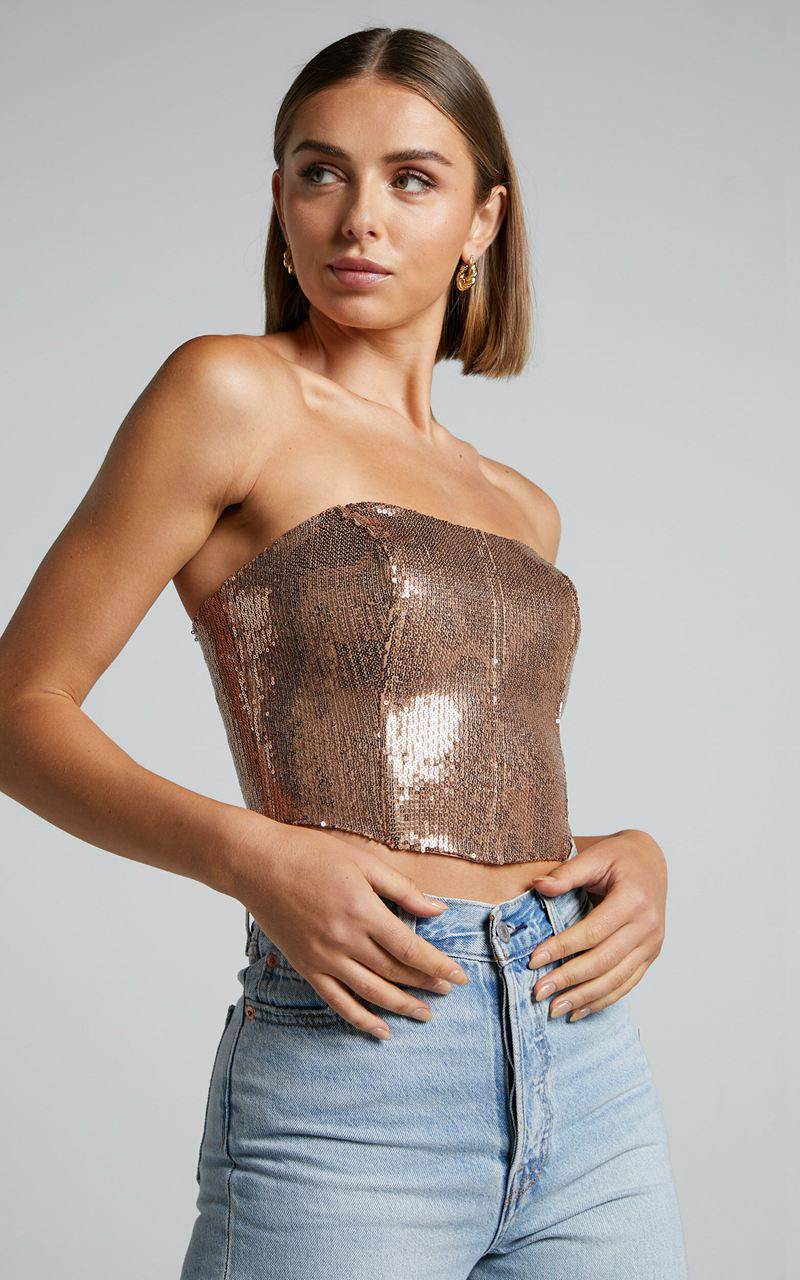 Showpo Dalphine Top - Sequin Strapless Corset Crop Top Copper Gold | PMXUGI460