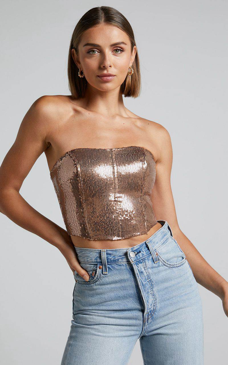 Showpo Dalphine Top - Sequin Strapless Corset Crop Top Copper Gold | PMXUGI460