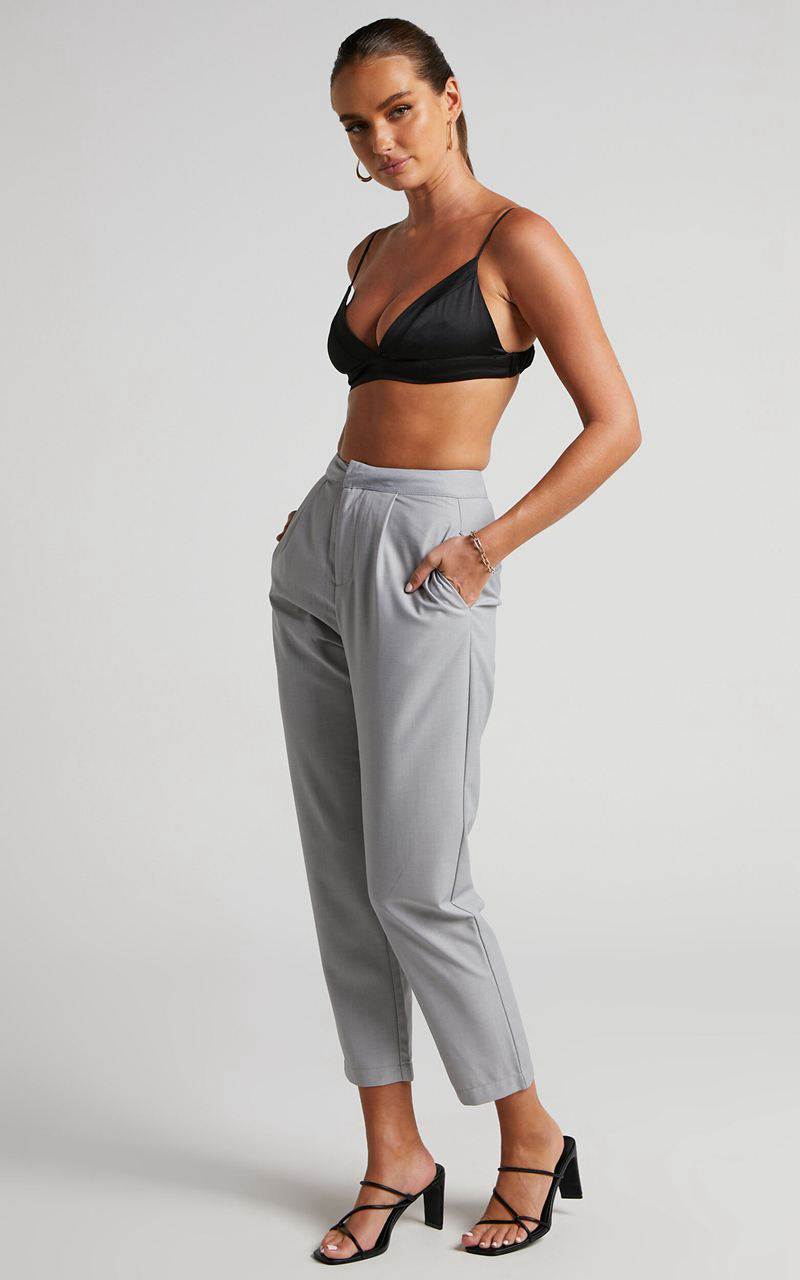 Showpo Damika Pants - High Waist Cropped Pin Tuck Pants Light Grey | OVEAYL780