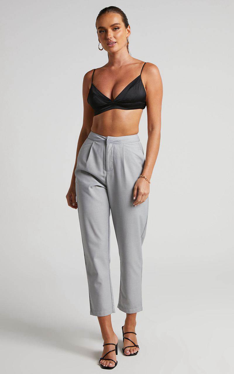 Showpo Damika Pants - High Waist Cropped Pin Tuck Pants Light Grey | OVEAYL780