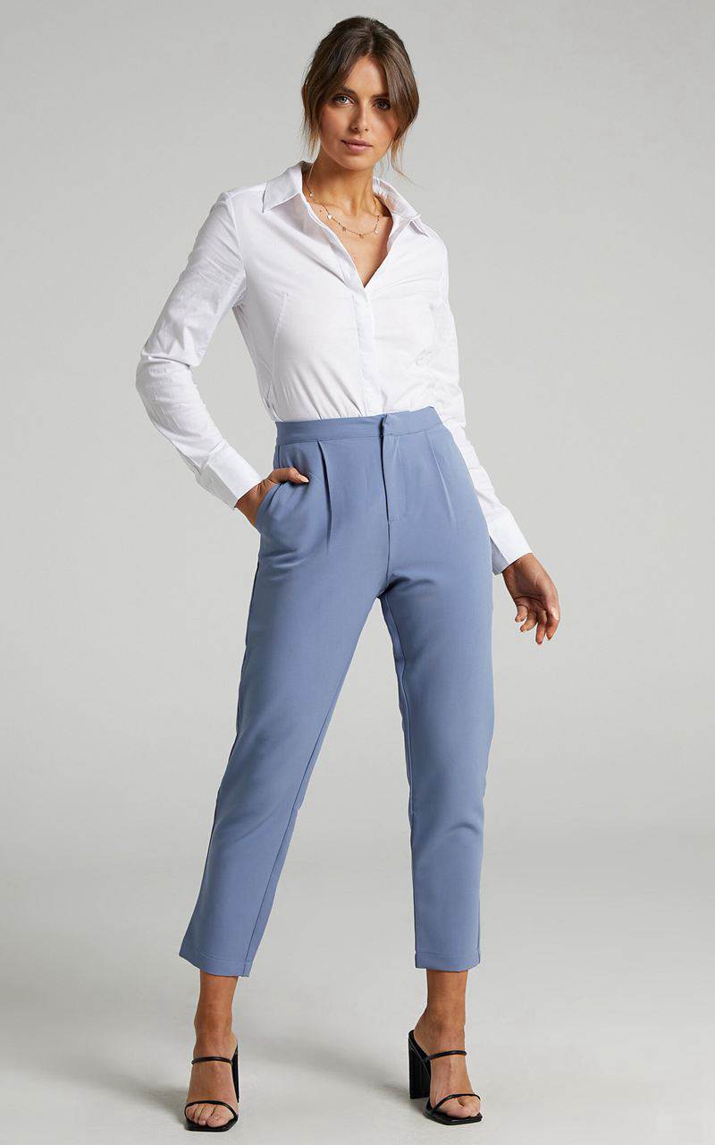 Showpo Damika Pants - High Waist Cropped Pin Tuck Pants Blue | RDLNIG471