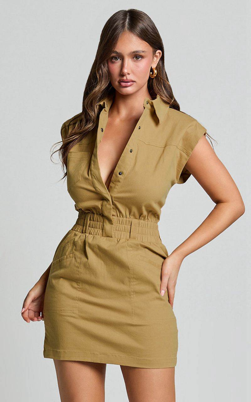 Showpo Dana Mini Dress - Collared Button Front Utility Dress Dessert Taupe | LSKZVT904