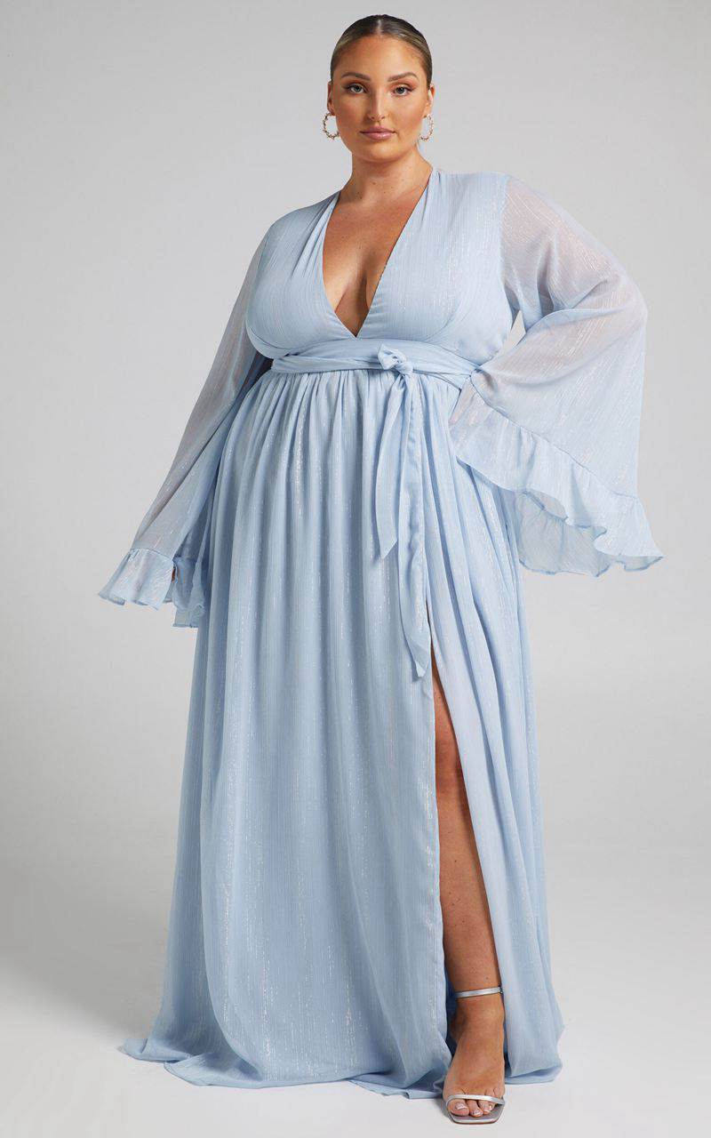 Showpo Dangerous Woman Maxi Dress - Plunge Thigh Split Dress Light Blue | VPYBQG459