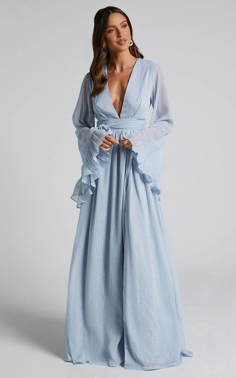 Showpo Dangerous Woman Maxi Dress - Plunge Thigh Split Dress Light Blue | VPYBQG459