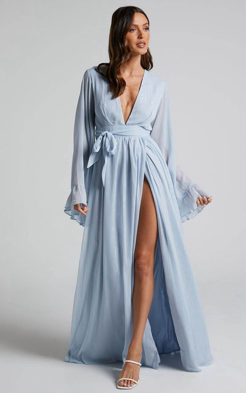 Showpo Dangerous Woman Maxi Dress - Plunge Thigh Split Dress Light Blue | VPYBQG459