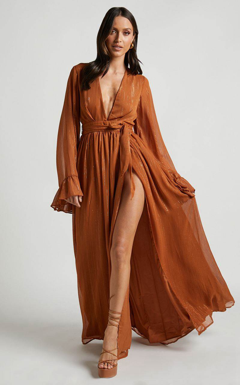 Showpo Dangerous Woman Maxi Dress - Plunge Thigh Split Dress Rust | TBLNIF283