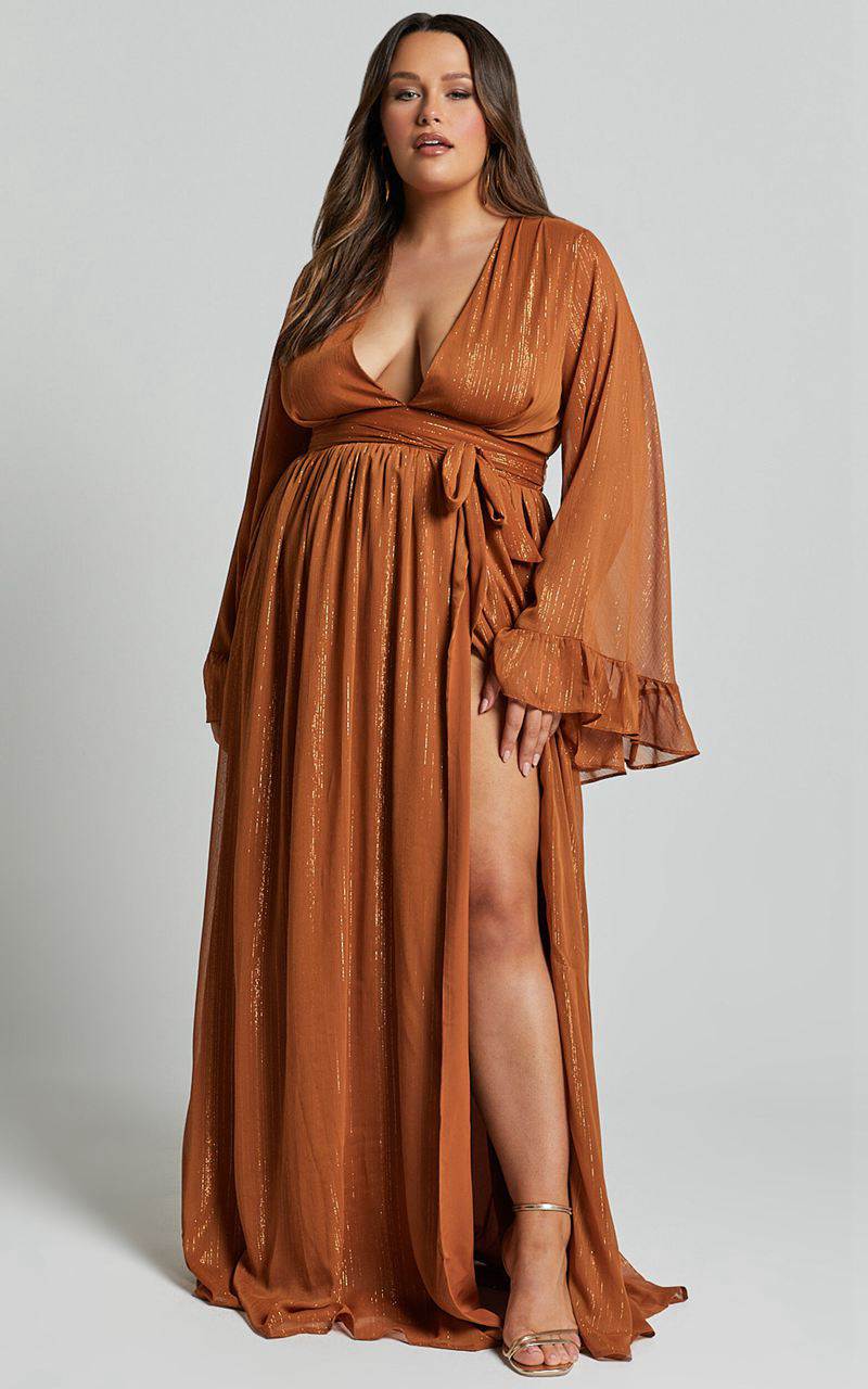 Showpo Dangerous Woman Maxi Dress - Plunge Thigh Split Dress Rust | TBLNIF283