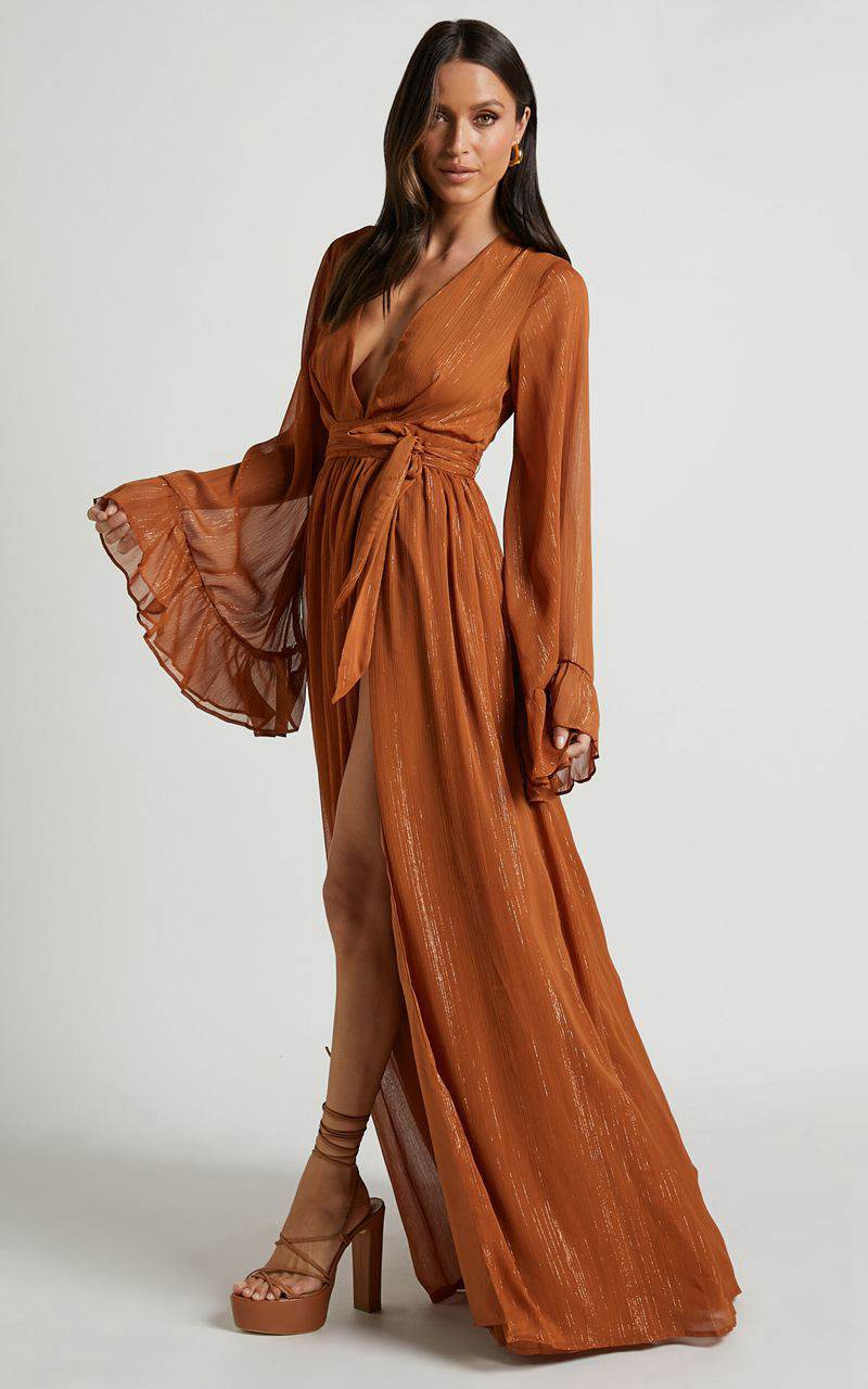 Showpo Dangerous Woman Maxi Dress - Plunge Thigh Split Dress Rust | TBLNIF283