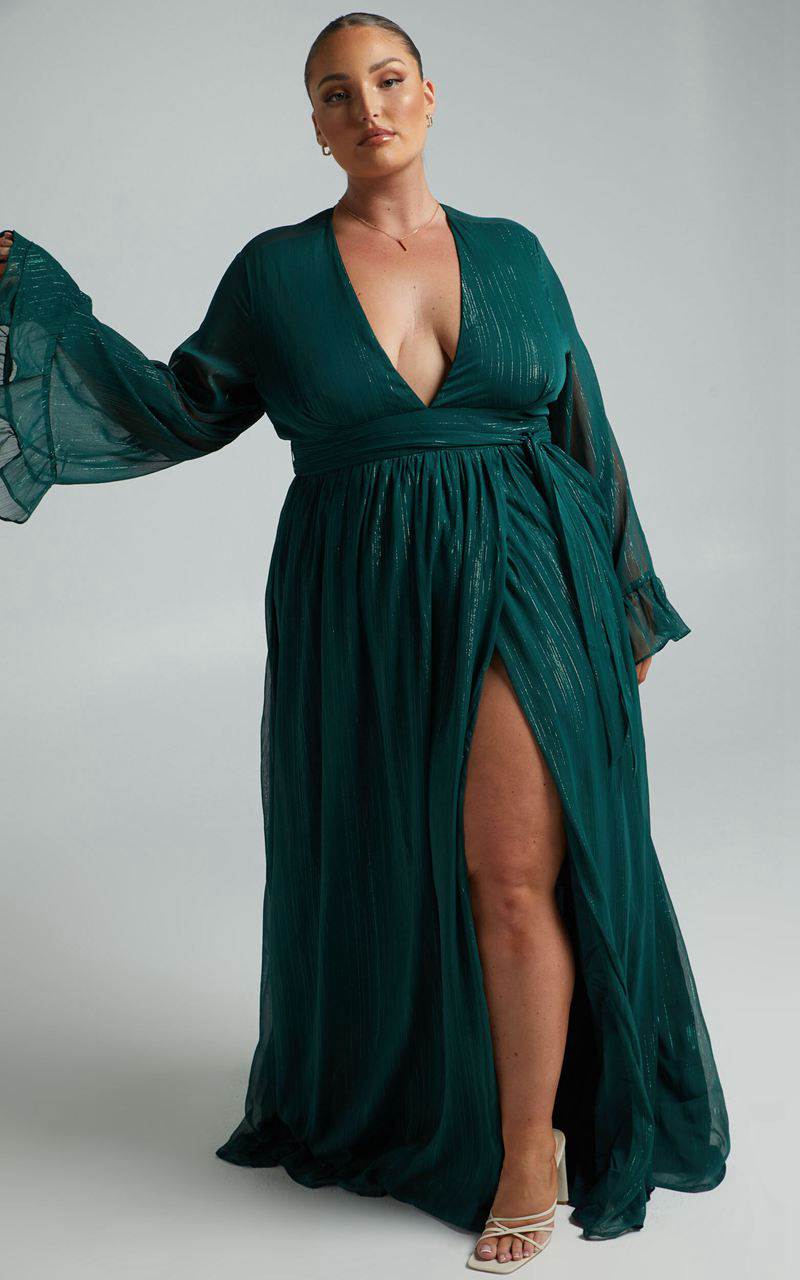 Showpo Dangerous Woman Maxi Dress - Plunge Thigh Split Dress Emerald | NDQUVP289